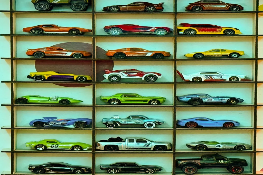 Custom wall-mounted Matchbox car collection display in a dedicated children's playroom at Entrada Moab.