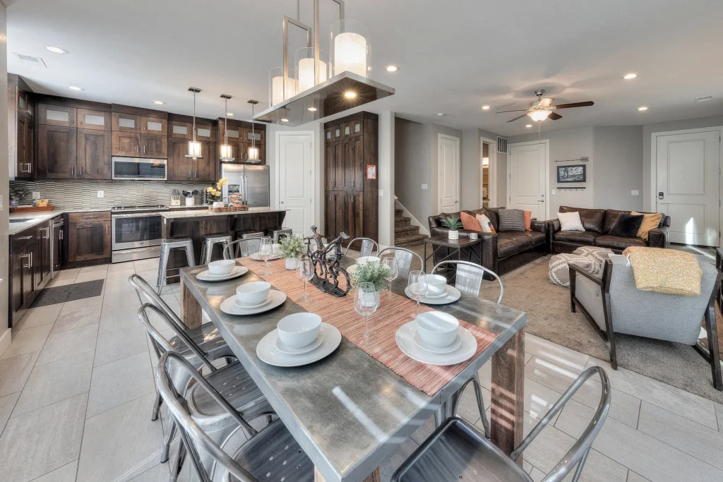 Gourmet kitchen and spacious dining area in a Moab luxury rental, perfect for large groups.
