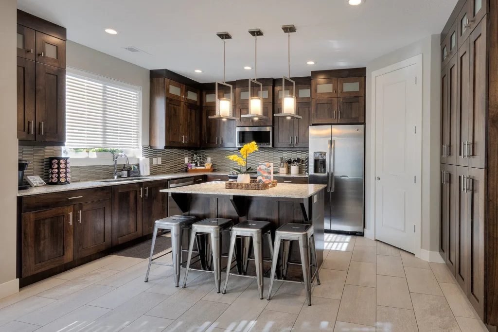 Fully equipped kitchen in a Moab vacation home with granite countertops and stainless steel appliances.